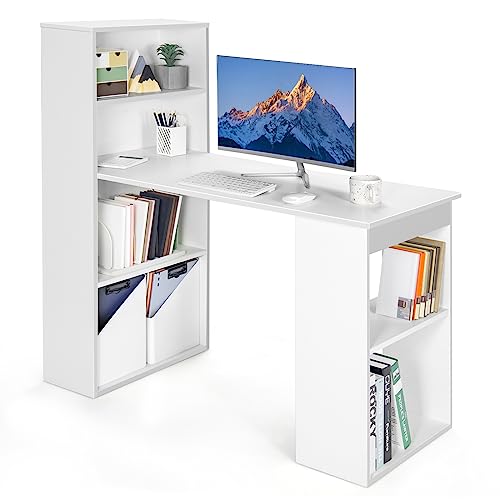 GIANTEX 48 Inch Computer Desk with Bookshelf, 3-in-1 Home Office Desk with 4-Tier Bookcase & CPU Stand, Space-Saving Reversible Writing Desk Work Table for Bedroom, Study Room, Office (White) - color: White