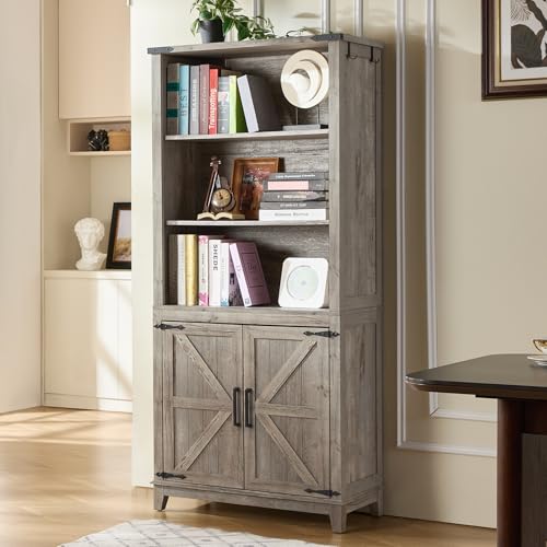 Joaxswe 70in Tall Bookshelf 5 Tier Bookcase with Barn Doors and Adjustable Shelves, Grey Farmhouse Book Shelf with Storage Cabinet, Wood Freestanding Display Bookshelves for Bedroom, Living Room - color: Grey, size: 1 Piece