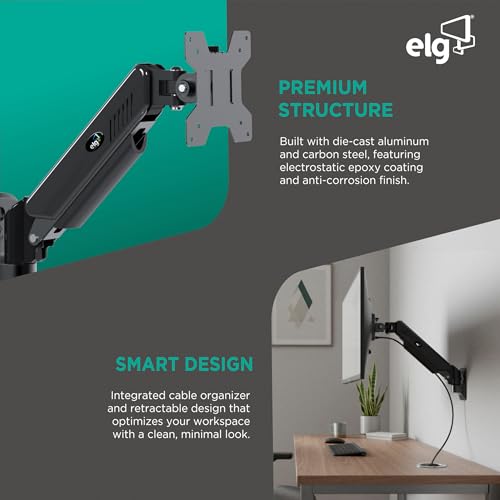 ELG Gas Spring Monitor Wall Mount, Full Motion 17-35" Screens up to 19.8 lbs, 15" Extension from Wall, 360° Rotation, -45°/+90° Tilt, Cable Organizer, VESA 75x75 to 100x100mm, Black