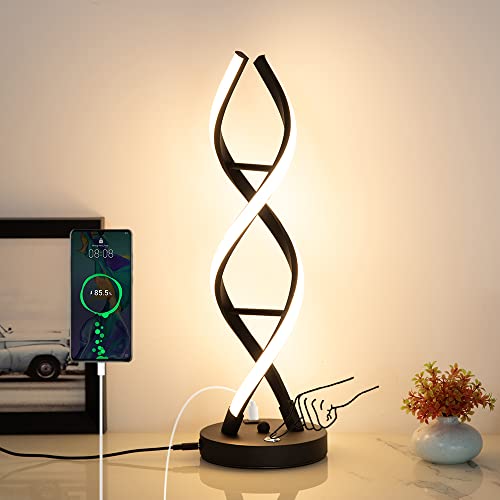 LED Modern Table Lamp, Stepless Dimmable Spiral Table Lamps for Bedroom, 3 Colors Touch Control Bedside Nightstand Lamp with 1 USB Charging Ports, Desk Lamps for Living Room Office (Black) - color: Black