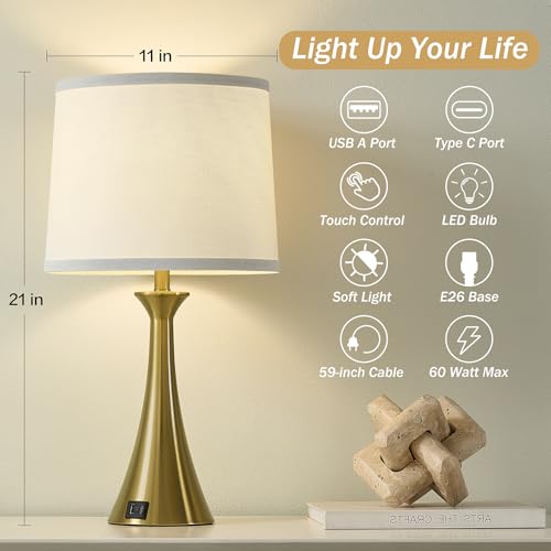 Touch Table Lamps Set of 2, 21" Bedside Lamps with USB C+A | 3 Way Dimmable Nightstand Lamps with Linen Shades, 2 LED Bulbs Included, Touch Lamp for Living Room, Bedroom and End Tables - color: Gold & White Shade