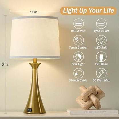 Touch Table Lamps Set of 2, 21" Bedside Lamps with USB C+A | 3 Way Dimmable Nightstand Lamps with Linen Shades, 2 LED Bulbs Included, Touch Lamp for Living Room, Bedroom and End Tables - color: Gold & White Shade