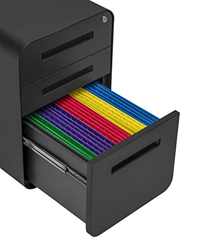 Laura Davidson Furniture Stockpile 3 Drawer File Cabinet with Lock - Under Office Desk Metal Filing Cabinet, Legal/Letter File Folders, Wheels and Stationary Feet, Pre-Assembled, Black - color: Black