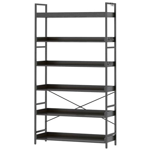 HCHQHS Bookshelf, Adjustable Industrial Bookcase, Vertical Tall Book Shelf, Wood and Black Metal Open Bookshelves for Home Office, Living Room, Bedroom (Black, 6-Tier (31" W x 70" H)) - color: Black, size: 6-Tier (31"W x 70"H)