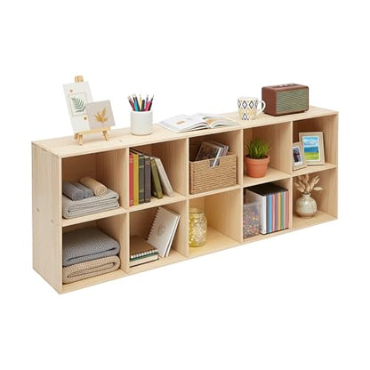 10 Cube Storage Organizer, Solid Wood Bookshelf Deep Display Shelf with Adjustable Shelves & Anti-Tip Kit Movable Storage Rack for Books Toys Plants Photo Albums Study Entryway Living Room Office