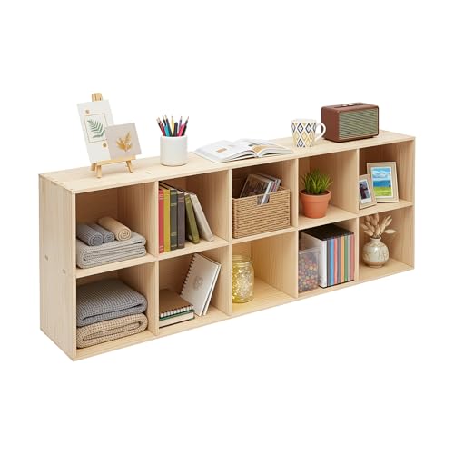 10 Cube Storage Organizer, Solid Wood Bookshelf Deep Display Shelf with Adjustable Shelves & Anti-Tip Kit Movable Storage Rack for Books Toys Plants Photo Albums Study Entryway Living Room Office