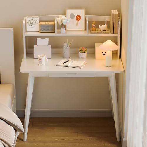 IOTXY Small Writing Desk with Hutch - 39.4" Work Computer Study Table - color: White