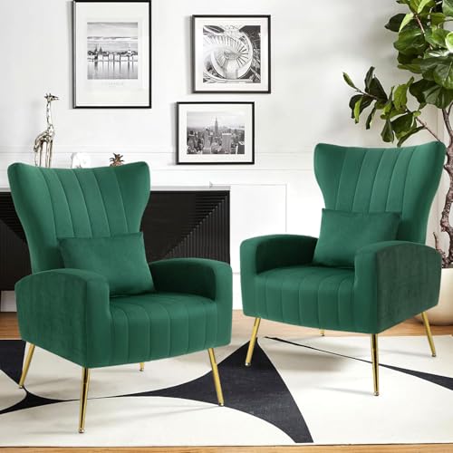 Modern Accent Chairs Set of 2, Wingback Chair with Arm & Gold Legs, Living Room Bedroom Side Chair with Lumbar Pillow, Velvet Upholstered, Channel Tufted, Green - color: Green, size: 2PCS with Channel Tufted