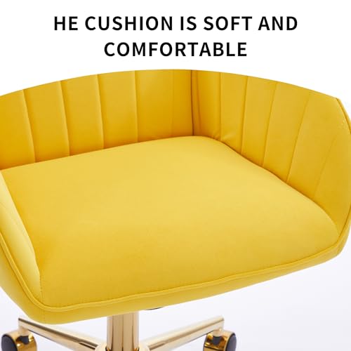 YITAI Velvet Office Desk Chair with Wheels and Gold Base,Modern Height Adjustable 360 Degree Swivel Upholstered Vanity Chairs with Arms for Living Room Bedroom, Study,Yellow - color: Gold Yellow