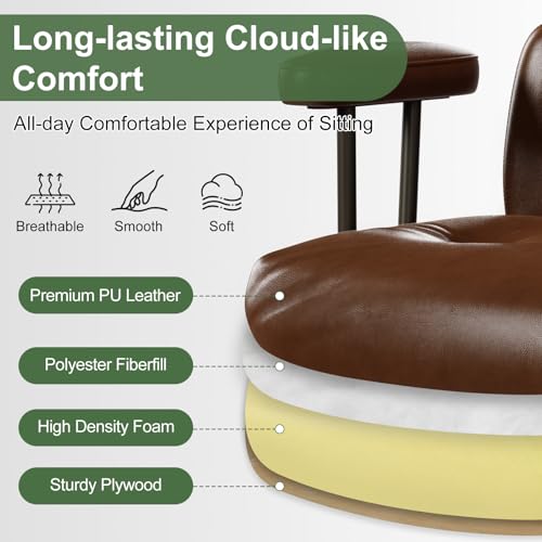 Mid-Century Modern Ergonomic Office Chair, Mid Back & Tufted, Brown | Faux Leather Executive Desk Chair, Walnut Bentwood Frame, Tufted Design, Swivel Computer Chair for Home Office, 300LBS Cap - color: Brown, size: Mid Back Style