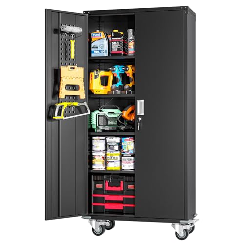 Greenvelly Garage Storage Cabinet with Wheels, Rolling Metal Cabinet with Pegboards and Adjustable Shelves,- 72" Steel Tool Cabinet for Home Office, Garage, Warehouse, Black - color: Black, size: Rolling 72"with Pegboards