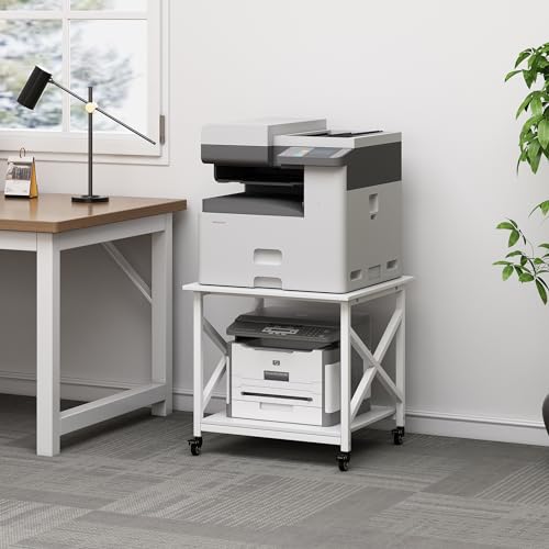 Fannova White 3D Printer Stand, Large Printer Table with Storage Shelf | 23.6"x23.6"x22.6", Home Office 2 Tier Rolling Printer Cart with Heavy Duty Industrial Wheels - All 4 Lock, Mini Fridge Stand - color: White