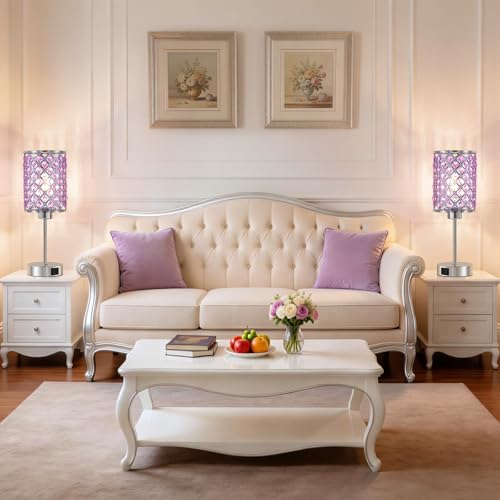 Crystal Table Lamp, Purple Touch Lamp with USB C+A Port, 3-Way Dimmable - color: Purple-1, size: 14.75"
