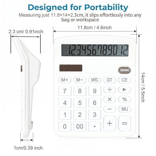 Marte Vanci 12-Digit Desk Calculator with Solar & Battery Power - color: White