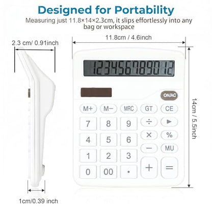Marte Vanci 12-Digit Desk Calculator with Solar & Battery Power - color: White