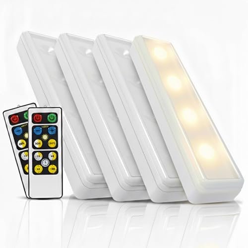 0.6" Ultra-Thin Wireless Under Cabinet Lights - 4 Pack, 8.5"L Battery-Operated LED Fixtures with 2 Remotes 3000K Warm White Stick-On Lighting, Timer Included for Kitchen & Counter - size: 4 pack, style: Remote Control