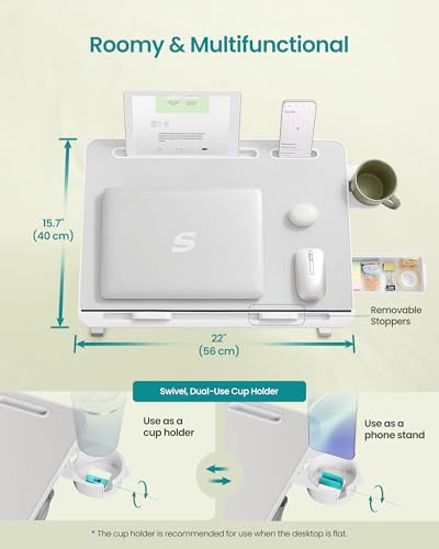 SONGMICS Bed Laptop Desk, Foldable Bed Desk for Laptop, 15.7 x 22 Inches Large Desktop, 120° Stepless Tilt, Adjustable Height, Cup Holder, Tray, Portable Bed Sofa Table, Gray ULLD113GZ01 - color: Gray