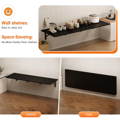 IAE Wall Mounted Folding Desk,Floating Computer Desk for Small Spaces,Black | 72x22in engineered wood desktop with metal brackets, folds flat to save space in home office, apartment and laundry room - color: Black, size: 72"*22"