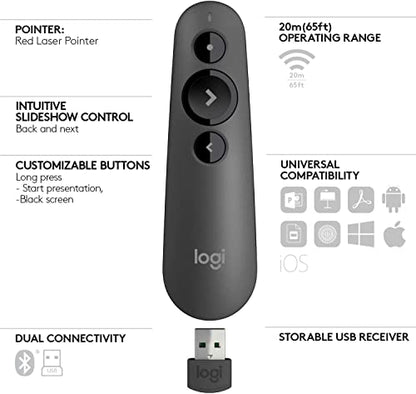 Logitech R500s Laser Presentation Remote Clicker with Dual Connectivity Bluetooth or USB for Powerpoint, Keynote, Google Slides, Wireless Presenter - Graphite (Renewed)