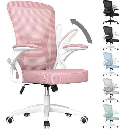 naspaluro Home Office Desk Chair Mid Back with Adjustable Height Pink | Comfy Ergonomic Chair with Flip-Up Arm and Lumbar Support, Breathable Mesh Swivel Computer Chair for Study Working Teacher - color: Pink
