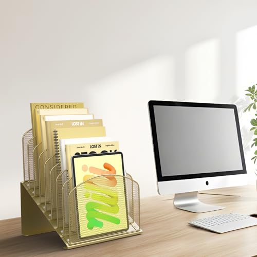 Sinboun Inclined Desk File Organizer Folder Holder with 8-Section, Gold - color: Gold, size: 8 Section