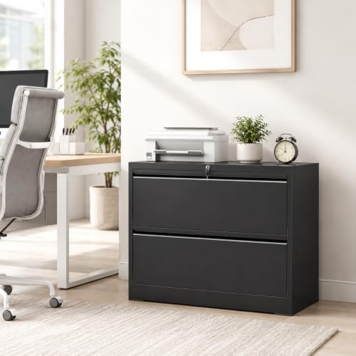 2 Drawer Lateral File Cabinet with Lock, 35.4" W File Cabinet - color: Black, size: 35.4"W - 2 Drawer