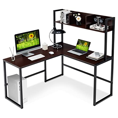 Tangkula Reversible L-Shaped Desk with Hutch, Space Saving Corner Computer Desk with Storage Shelves, Home Office Study Writing Desk Computer Workstation with Storage Bookshelf, Gaming Desk - color: Teak