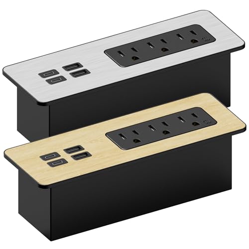 Electriduct Pack of 2 Flush Mount Power Strip Surge Protector 65W Fast Charge 2X USB-C + 2X USB-A, 3X AC Outlet Recessed Desk Power Center Laptop Charger - Black/Silver/Wood Finish - size: 2 Pack