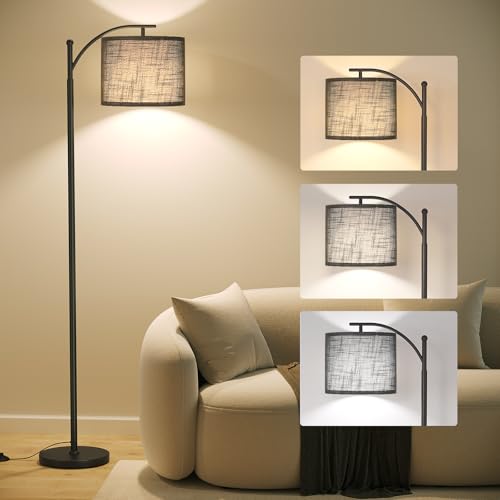SUNMORY Arc Floor Lamp, Modern Floor Lamp with 9W 3 Color Temperatures Bulb, Metal Standing Lamps with Adjustable Hanging Lampshade, Tall Floor Lamps for Living Room, Bedroom, Office - color: Black Shade