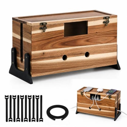 Extra Large Cable Management Box, 14.2-Inch Acacia Wood Cord Hider Box with Dual Locks and Magnetic Lid, Power Strip Cover and Cable Organizer for Desk, Floor, TV Wires and Home Office