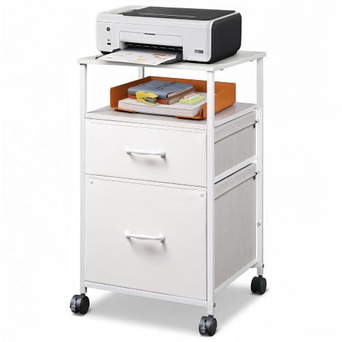 DEVAISE 2 Drawer Fabric Vertical Filing Cabinet, Rolling Printer Stand, White | Rolling Printer Stand, Fabric Vertical Filing Cabinet fits A4 or Letter Size for Home Office, White - color: White