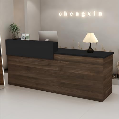 Modern Reception Desk with Drawer & Open Shelves, 39-95 Inch Front Counter Table, Computer Workstation Suitable for Salons, Offices, Lobbies, Retail Stores and Home Offices - color: Left/Brown + Black, size: 67"W x 23.5"D x 39.4"H