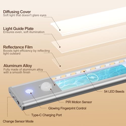 Quntis LED Under Cabinet Lighting Rechargeable, Wireless Motion Sensor Light Indoor, 2 Pack 12" 3000-6000K Dimmable Closet Lights Battery Operated, Magnetic/Stick on Under Counter Lights for Kitchen