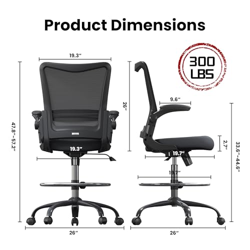 Drafting Chair Tall Office Chair for Standing Desk with Up & Down Flip-Up Armrest, 9” Adjustable Height High Desk Chair with Footrest Ring, 120° Rocking Mesh Ergonomic Chair, 300 lbs