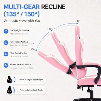 Desk Computer Gaming Chair - High Back Ergonomic Office Chair with Footrest and Lumbar Support, Swivel Comfy Home Gamer Video Game Chairs with Pocket Spring Cushion for Adults (Pink Leather) - color: Classic Pink Leather
