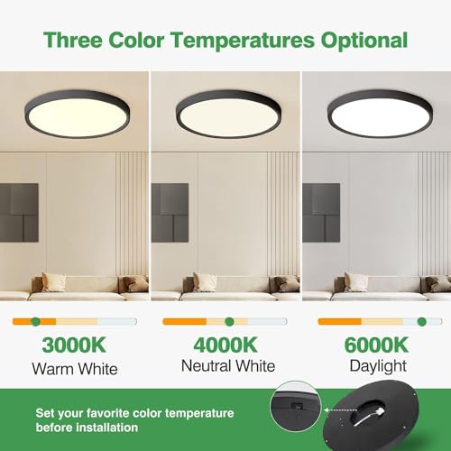 15.8Inch 4PK Black LED Flush Mount Ceiling Light,32W,3480LM,3CCT Selectable | 3000K/4000K/6000K CCT Selectable, Black Close to Ceiling Round Flat Panel Light, Super Slim LED Ceiling Light for Bedroom - color: Black