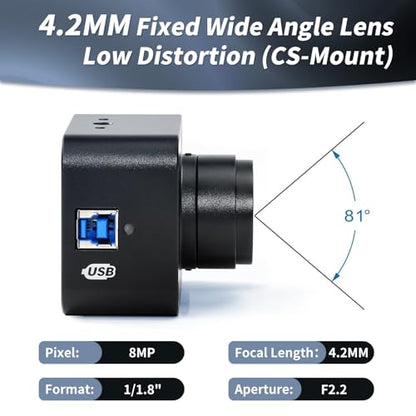 MOKOSE USB Camera 4K, USB3.0 Manual Focus Webcam with 4.2mm Wide Angle Lens, IMX678 1/1.8" 8MP Sensor Support YUY2, Web Camera for Desktop Computer Laptop - size: With 4.2MM Fix Wide Angle Low Distortion Lens