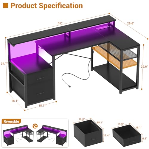 Aheaplus L Shaped Desk with File Drawer, Reversible L Shaped Gaming Desk | Computer Desk with Power Outlet & LED Strip, Home Office Desk Corner Desk with Monitor Shelf, Storage Shelves, Black - color: Black