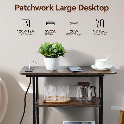 Narrow End Table with USB-C Charging Station, 3-Tier Slim Side Table | Modern Space-Saving Small End Table with Charging Station, Storage Shelves for Couch, Bedroom, Living Room, Small Spaces