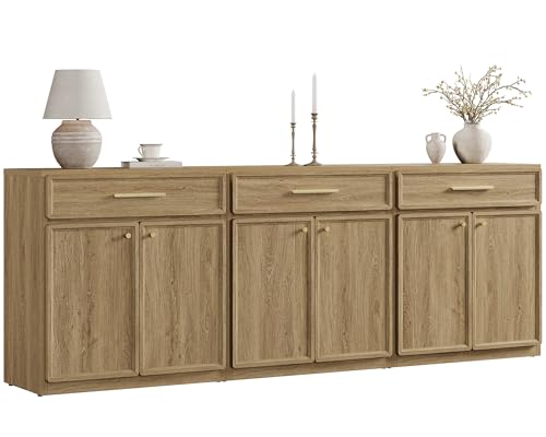 SICOTAS Buffet Cabinet with Storage Tall Modern Accent Storage Cabinet with Doors and Shelves 90 inch Wide Wooden Sideboard Credenza Buffets Console Table Coffee Bar for Kitchen Dining Living Room - color: Brown Oak, size: 3 Pieces