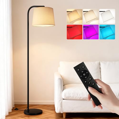RGB Floor Lamp - Remote Control, 8 Colors and 3000K-6500K Color Temperature, Fully Dimmable, Standing Lamp for Living Room with Rotating Head, Tall Lamp for Bedroom (RGB-Black and Beige) - color: Q::Black and Linen Beige(RGB)