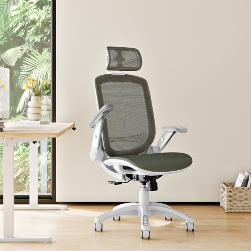 GABRYLLY Ergonomic Office Chair, High Back Home Desk Chair with Headrest, Flip-Up Arms, 90-120° Tilt Lock and Wide Cushion, 300LBS Mesh Chairs for Man Woman, White Task Chair(Olive Green,GY01WOG) - color: White Frame Olive Green Mesh