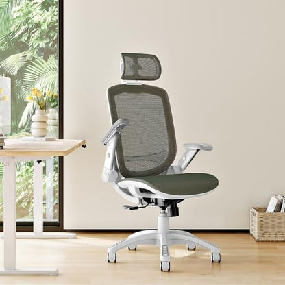 GABRYLLY Ergonomic Office Chair, High Back Home Desk Chair with Headrest, Flip-Up Arms, 90-120° Tilt Lock and Wide Cushion, 300LBS Mesh Chairs for Man Woman, White Task Chair(Olive Green,GY01WOG) - color: White Frame Olive Green Mesh