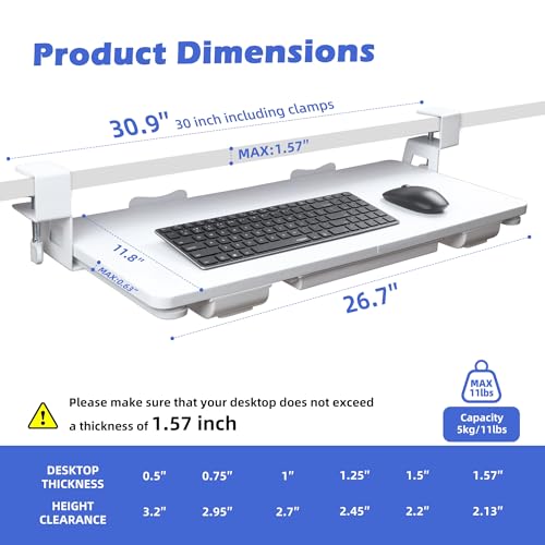 Keyboard Tray Under Desk with Drawer,26.77" X 11.81"Large Size Keyboard Tray with C Clamp-on Mount, Easy to Install, for Home Office (White) - color: White