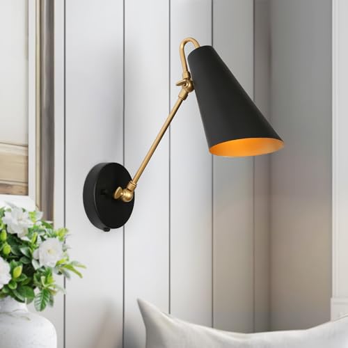 KSANA Swing Arm Wall Lamp, Black and Gold Plug in or Hardwired Wall Sconces, Modern Adjustable Arm Light Fixture with On/Off Switch for Bedroom, Kitchen, Hallway and Living Room - size: Swing Arm - Cone Shade