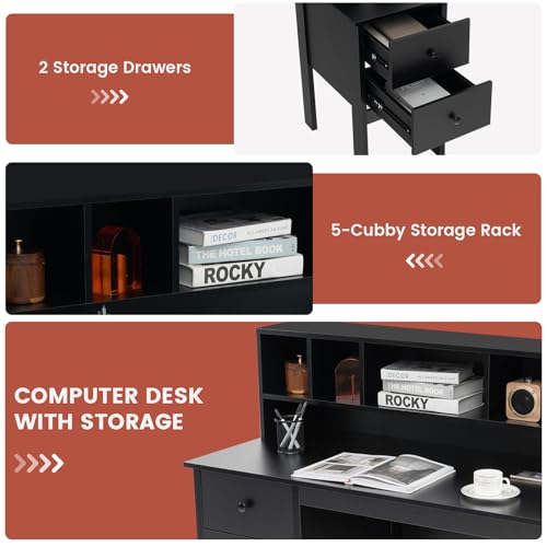 LDAILY Modern Home Office Desk with Hutch, Office Desk with USB Charging Ports and Power Outlets, Computer Desk with 5 Storage Cubbies and 2 Drawers, Writing Study Desk for Bedroom (Black) - color: Black