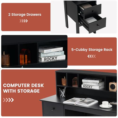 LDAILY Modern Home Office Desk with Hutch, Office Desk with USB Charging Ports and Power Outlets, Computer Desk with 5 Storage Cubbies and 2 Drawers, Writing Study Desk for Bedroom (Black) - color: Black