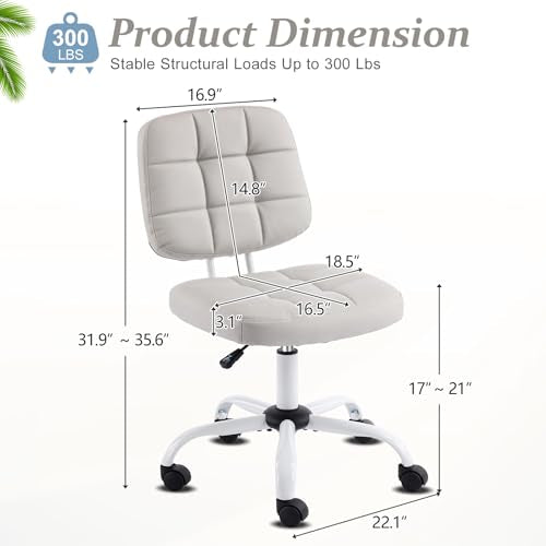 VINGLI Compact Small Desk Chair, Cute Armless Chair with Wheels, Vanity Chair with Low Back, Height Adjustable Task Chair for Small Spaces, Office, Bedroom, Make Up Room, PU Leather, Light Grey - color: Light Grey