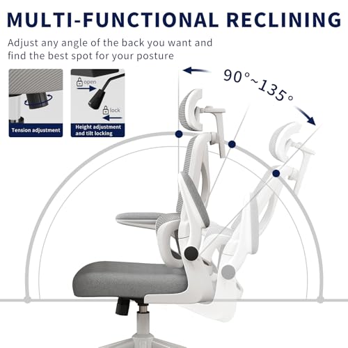 Ergonomic Office Chair - Desk Chair with Adjustable Headrest Lumbar Support Computer Chair - Mesh Comfy Chair with Flip-up Armrests - Gaming Chairs for Adults Home Office (White+Gray) - color: White+gray