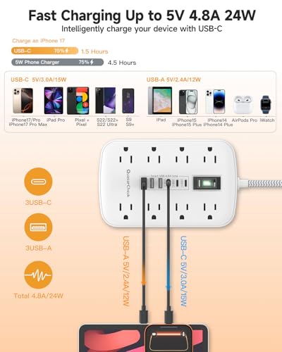 10FT Extension Cord with 6 USB(3 USB C) 8 Outlets, Flat Plug Power Strip - size: 10 FT-White-Three Prong